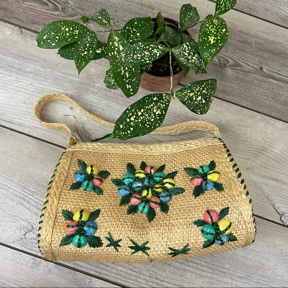 Vintage Handbags - Vintage Multicolor Woven Straw Shoulder Bag